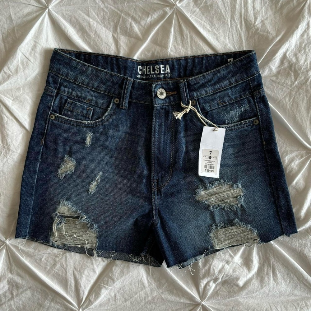 dark wash distressed denim shorts